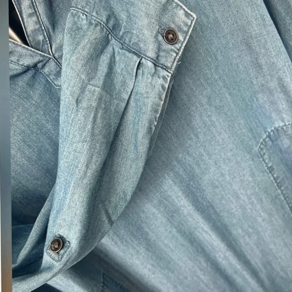 C&C California Blue Denim Tunic Shirt Dress Collared Roll Tab Sleeve Size Large - Picture 9 of 13